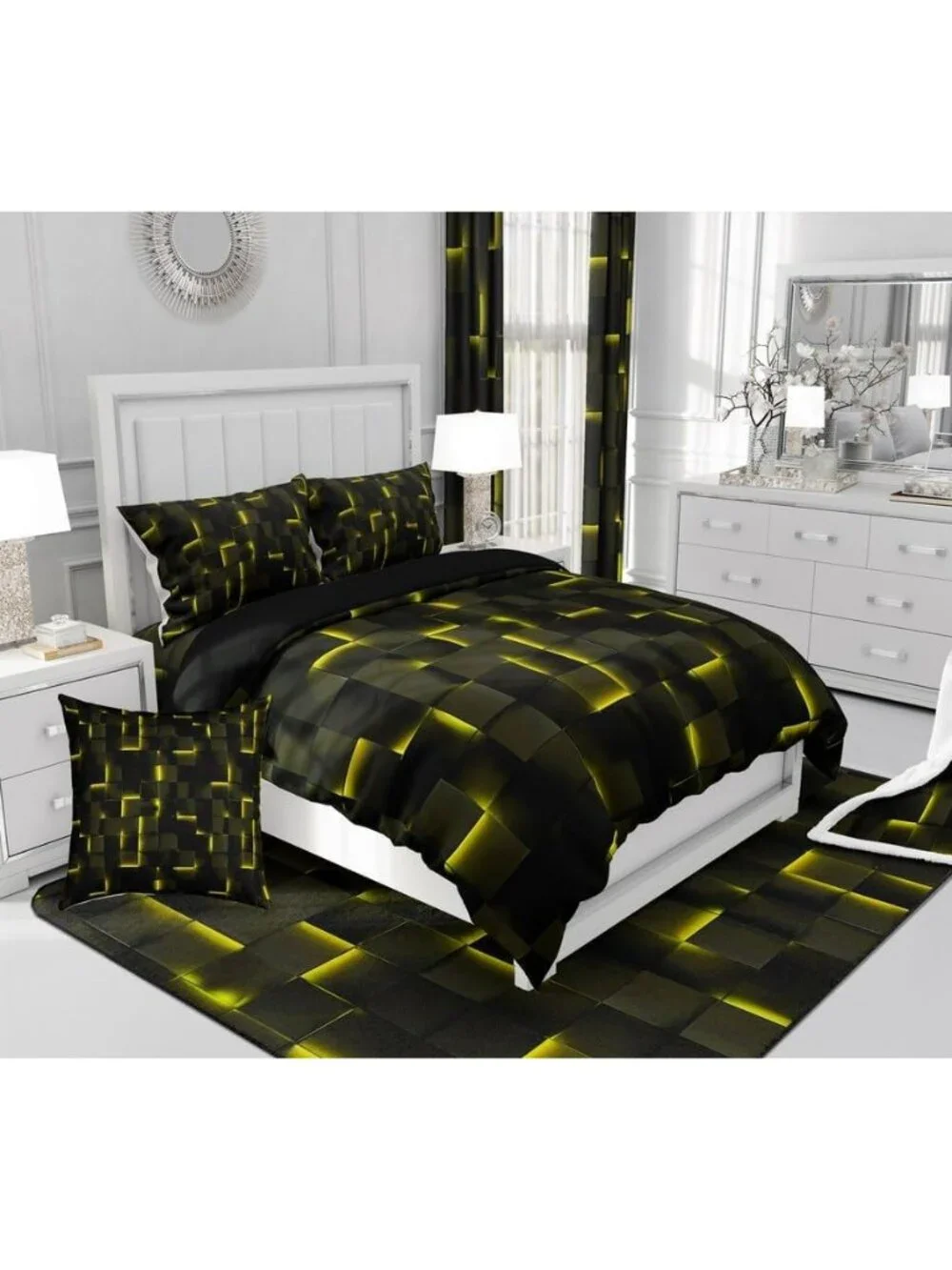 Neon Black Yellow Full Bedding Set,3D Geometric Checkered Comforter Set,Plaid Ab